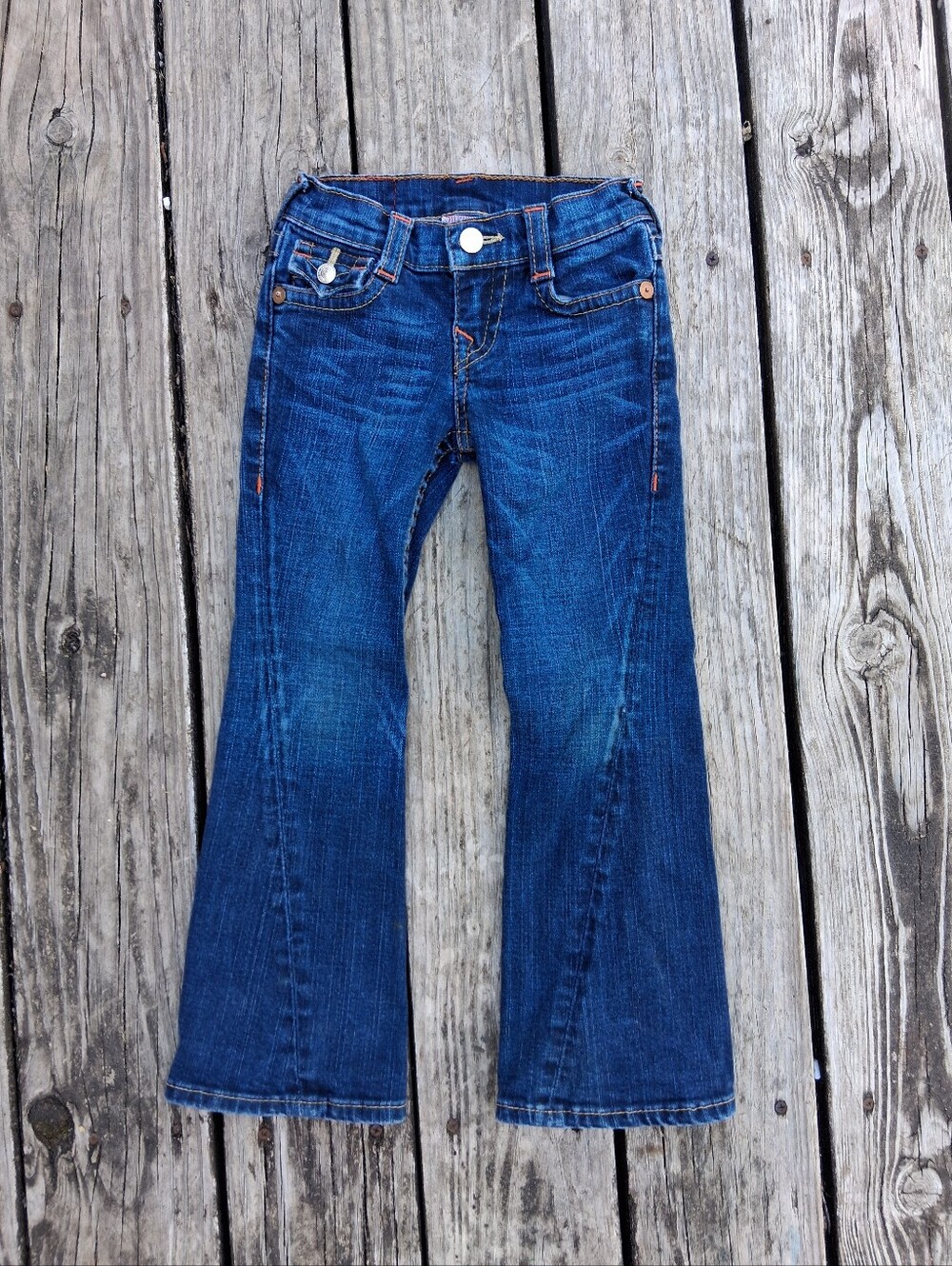 Vintage True Religion Toddler Size 5 T Flare Dark Wash Jeans Orange Stitching